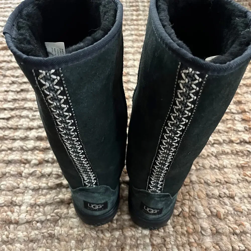 UGG Ultra Tall Revival Boots Black Sheepskin Wool Braid Back Women's 9 12